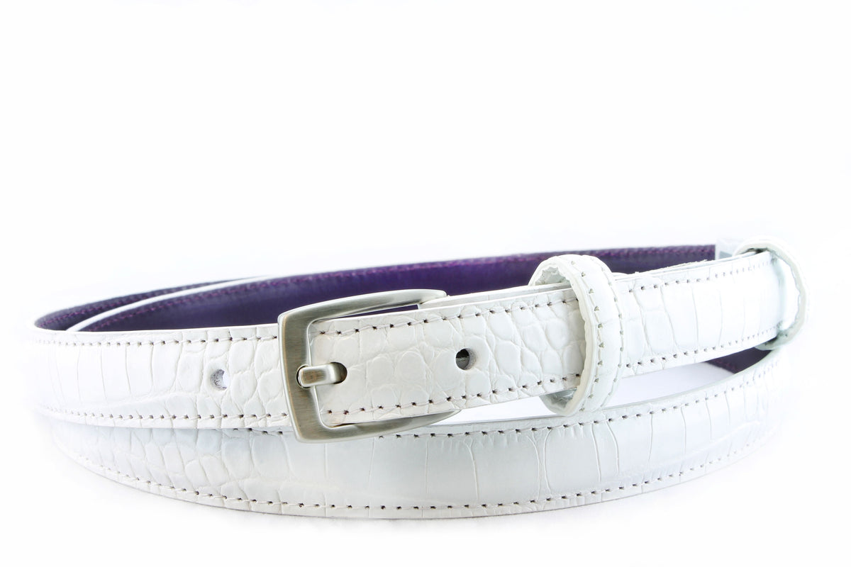 White Mock Crocodile Skinny Belt